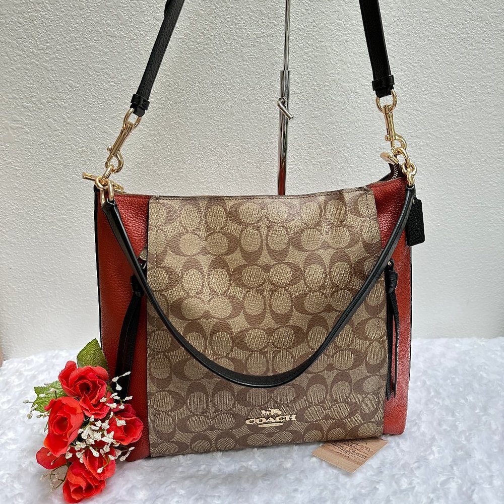 COACH Marlon Hobo 91386 Colorblock Sign Canvas Khaki/Orange, Crossbody in EUC - Picture 3 of 12